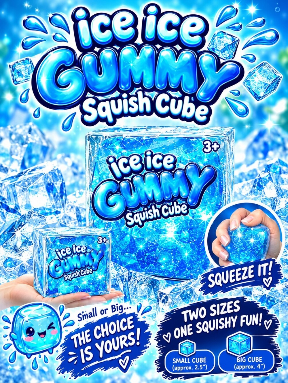 Ice Ice GUMMY Squish Cubes (Set of 2) XL & Small- Blue 💙 🧊